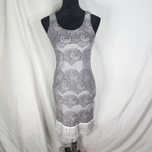 USA Vtg 90s STREET CODE Size Medium Tasseled Silver Lurex Knit Bodycon Dress EUC